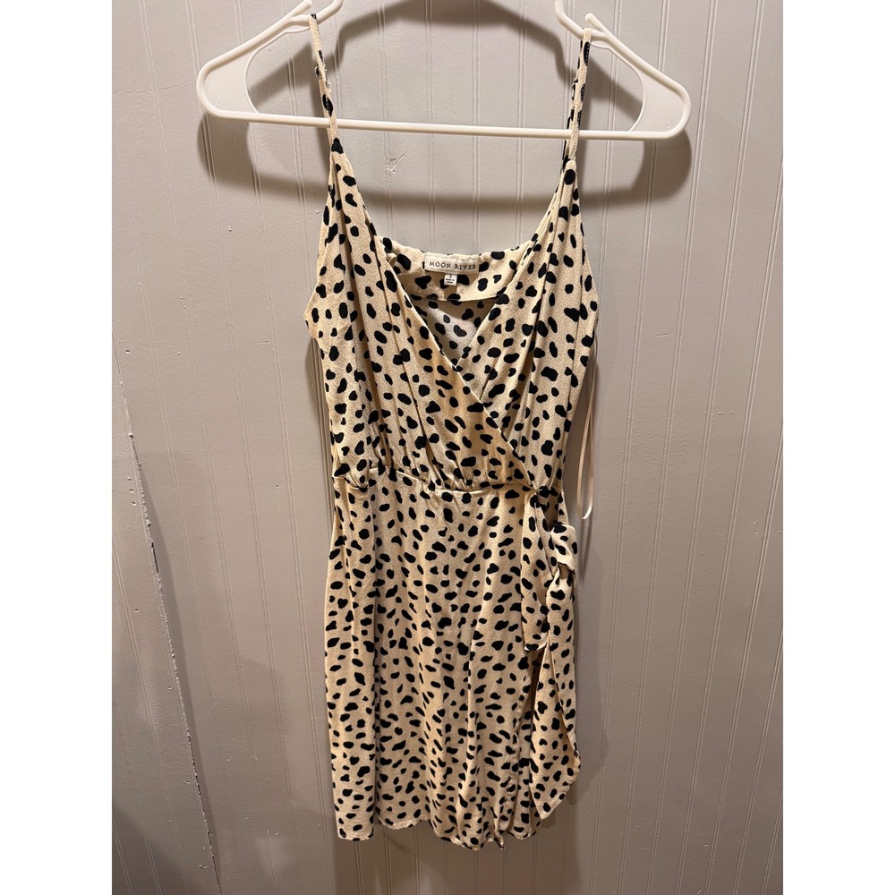 Moon River Dalmatian Animal Print Mini‎ Dress Cream Black Faux Wrap Ruffle Small